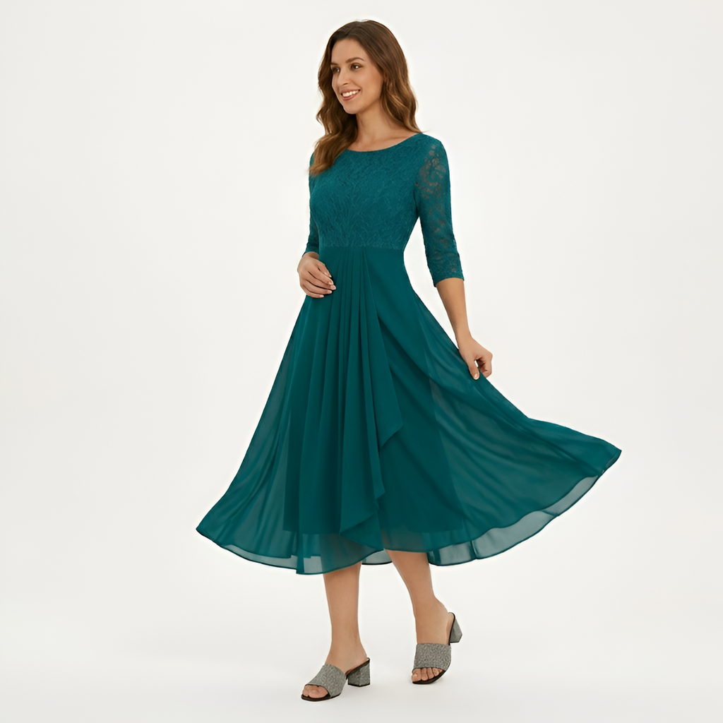 Women's Embroidered 3/4 Sleeve Midi Dress - Formal Wear