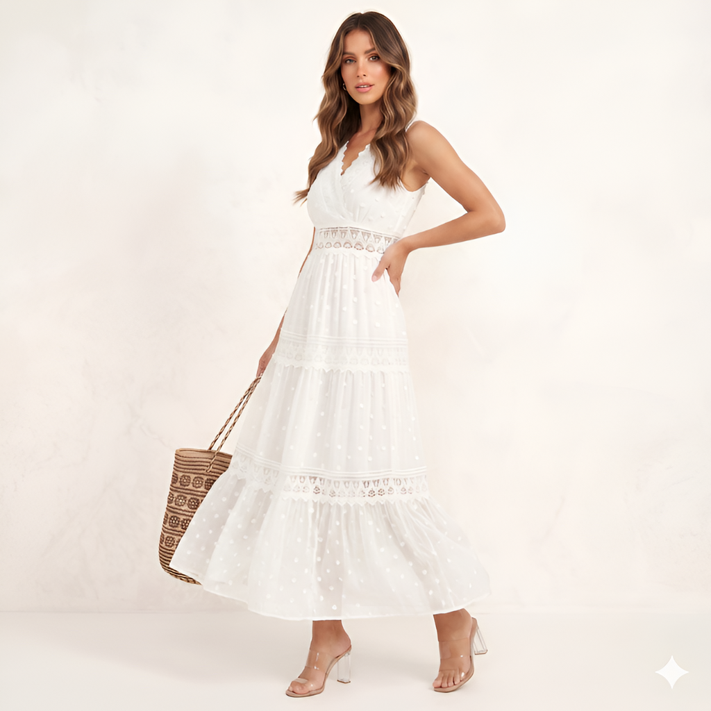 Women's V-Neck Swiss Dot Maxi Dress - Beach Vacation