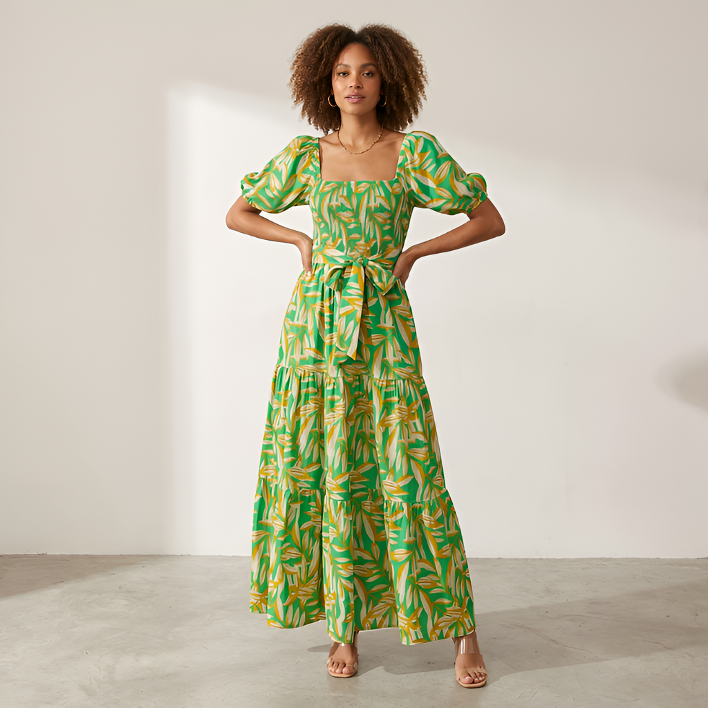 Women's Leaf Print Off-the-Shoulder Maxi Dress - Casual Daytime Outings