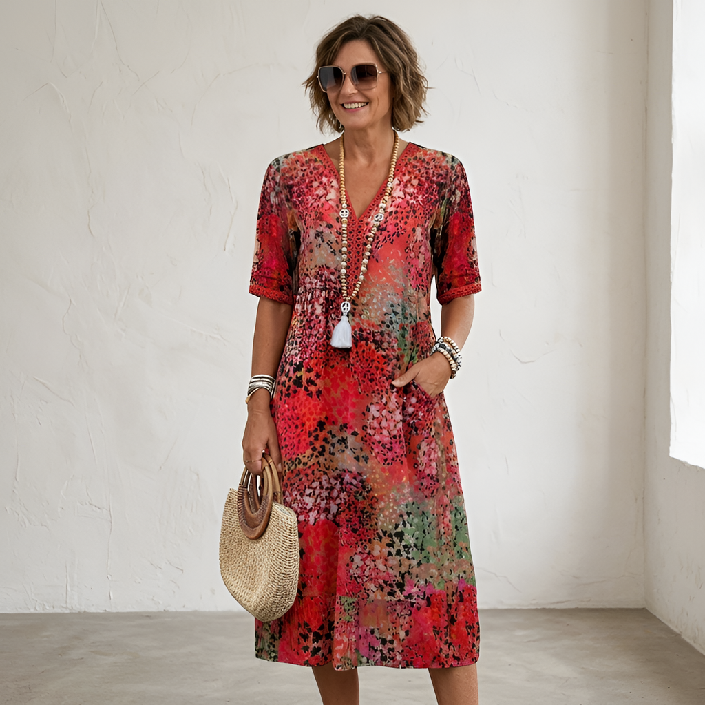 Women's Abstract V-Neck Short Sleeve Midi Dress - Casual Summer Wear