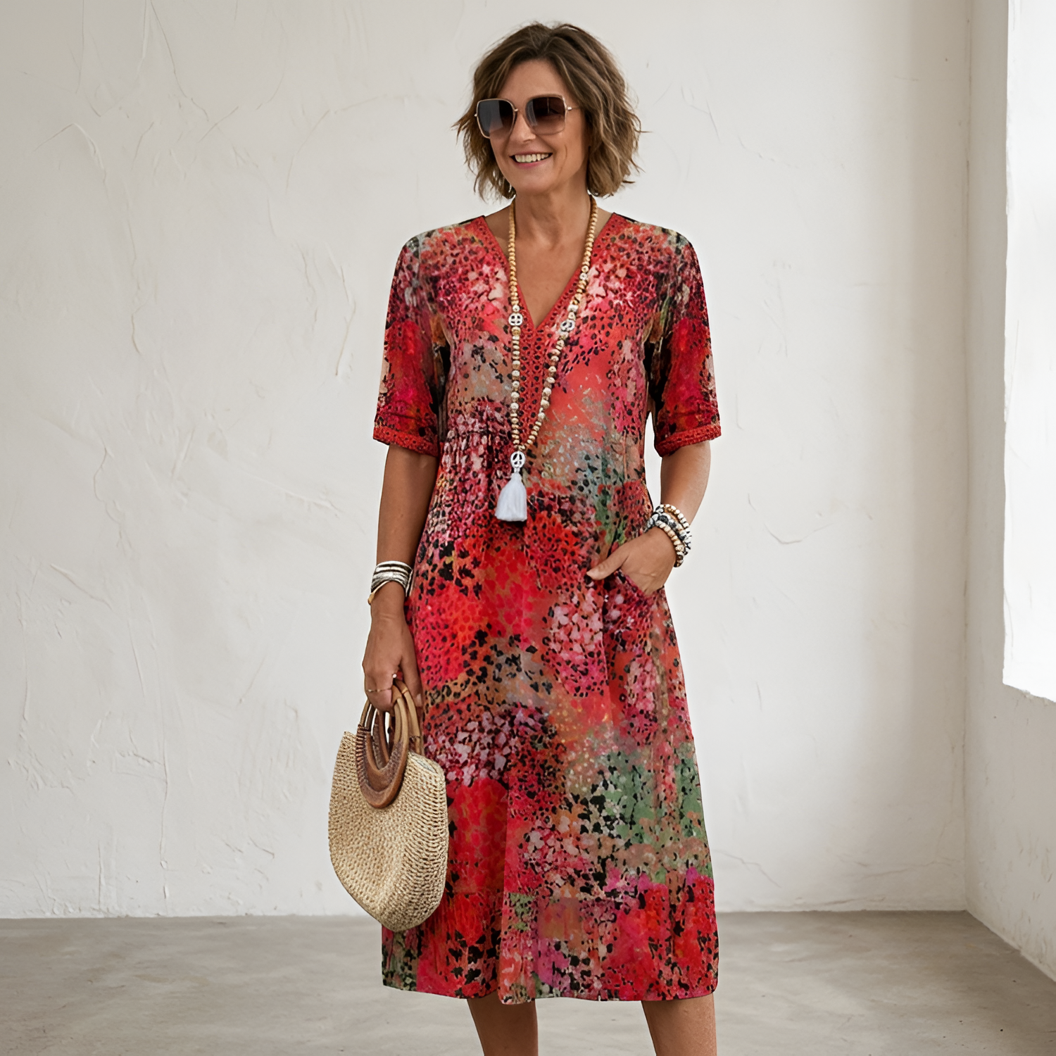 Women's Abstract V-Neck Short Sleeve Midi Dress - Casual Summer Wear