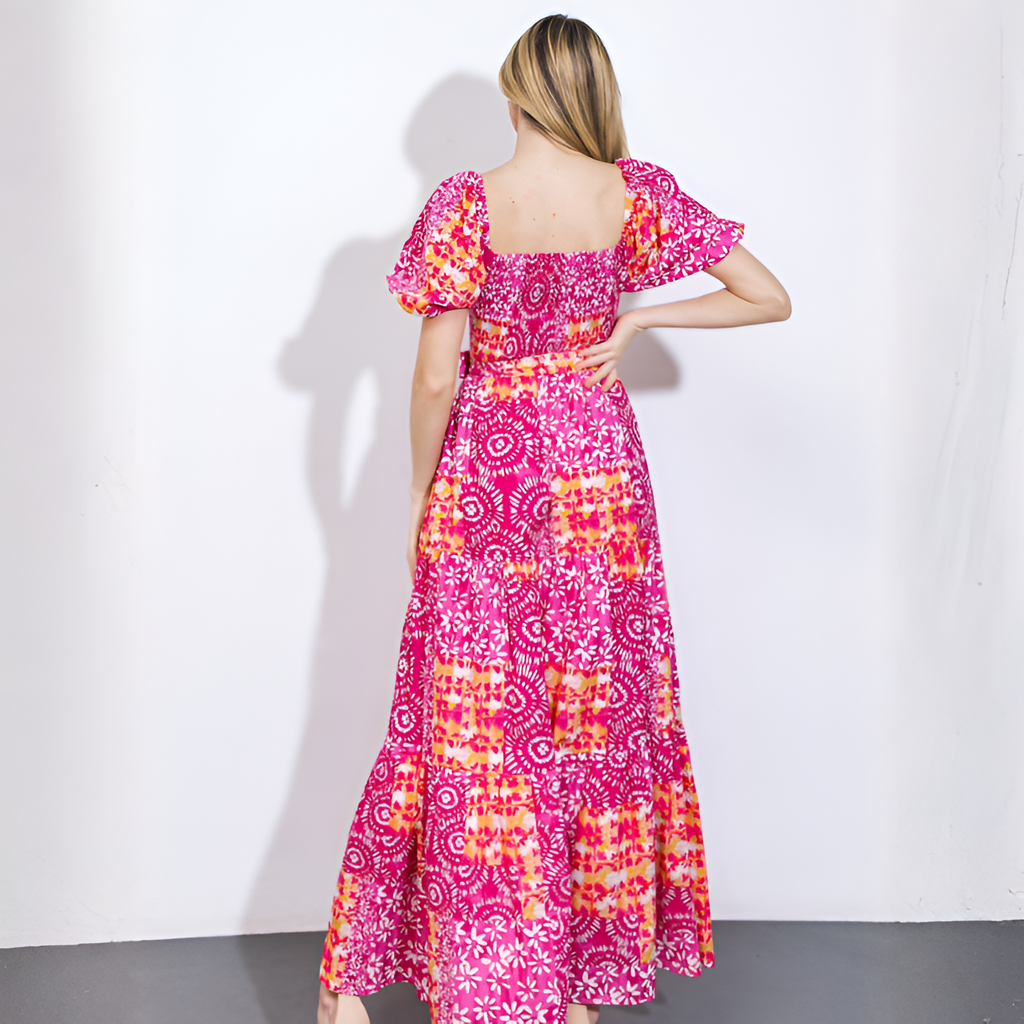 Women's Square Neck Flutter Sleeve Floral Maxi Dress - Casual Wear