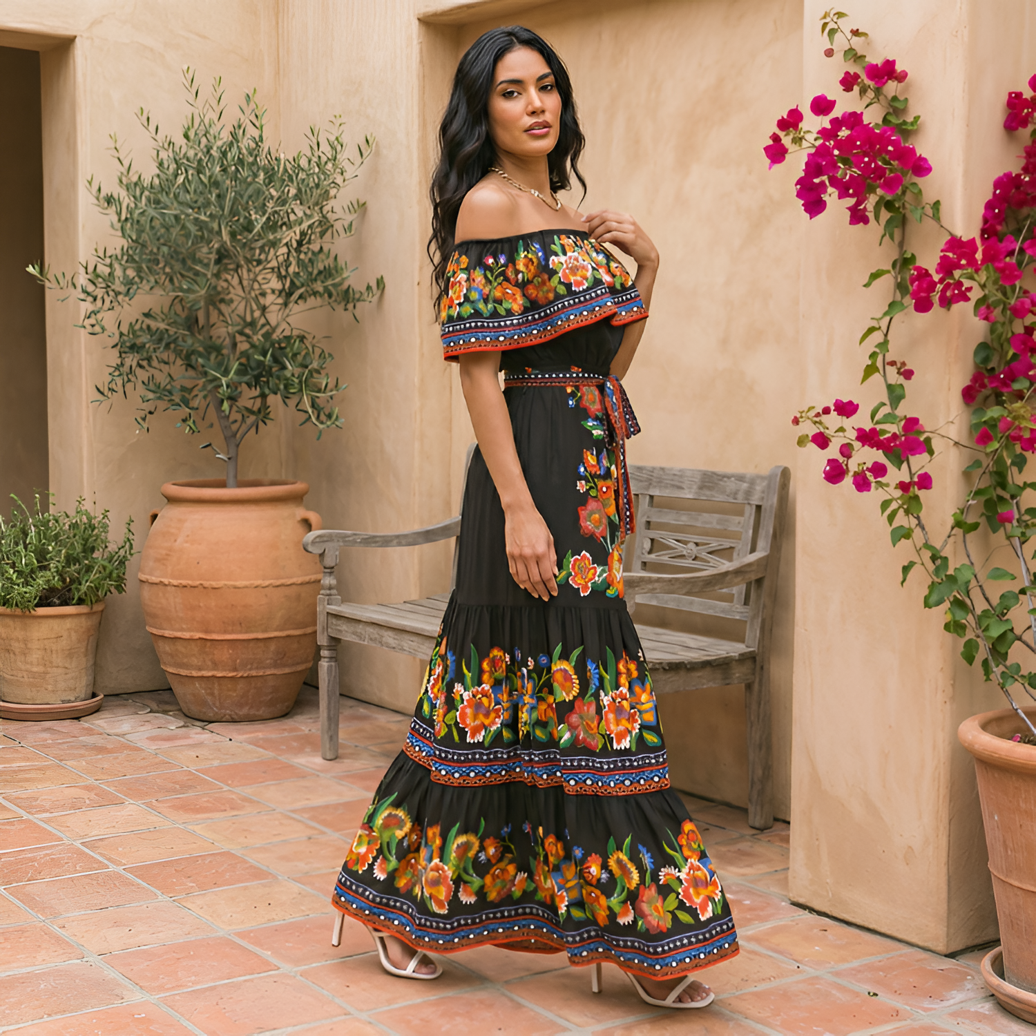 Women's Off-The-Shoulder Floral Maxi Dress - Casual Vacation Wear
