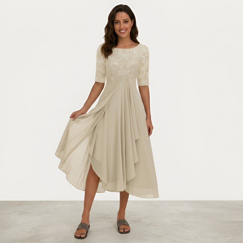 Women's Embroidered 3/4 Sleeve Midi Dress - Formal Wear