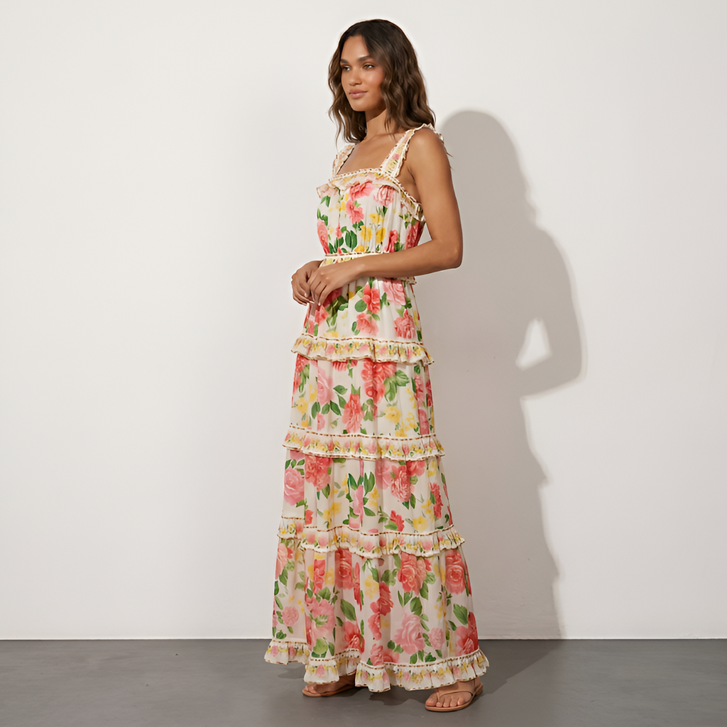 Women's Floral Ruffle Strap Tiered Maxi Dress - Summer Casual