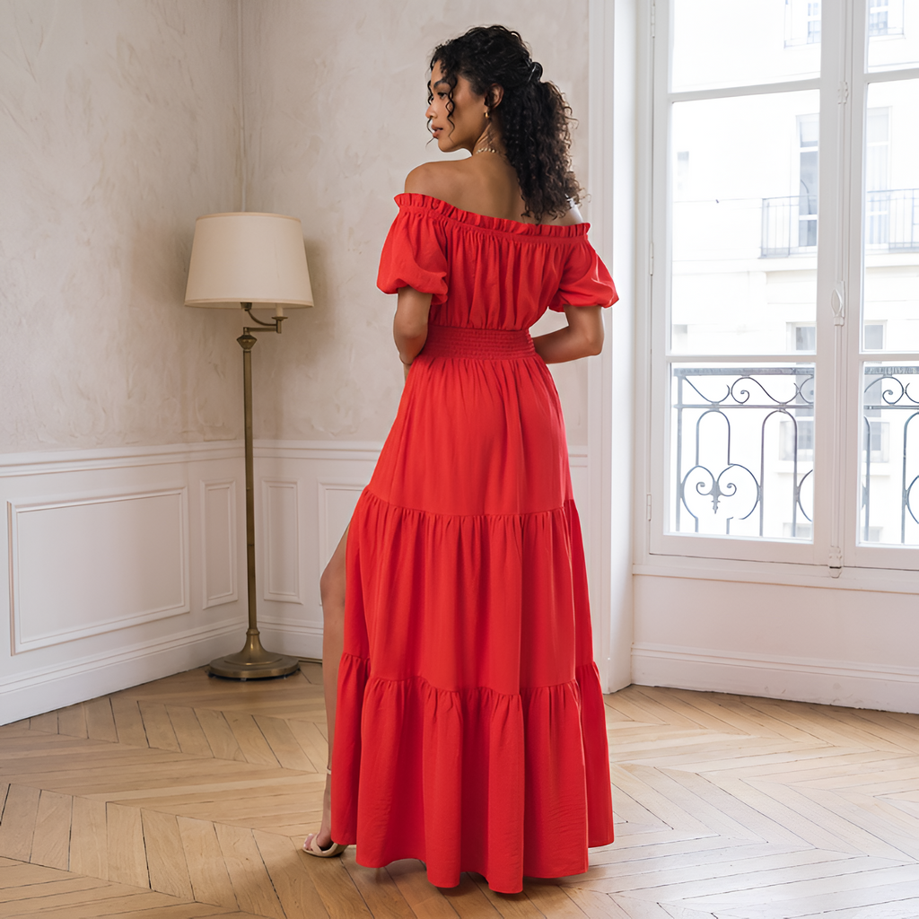 Women's Off-Shoulder Smocked Ruffled Maxi Dress - Garden Parties