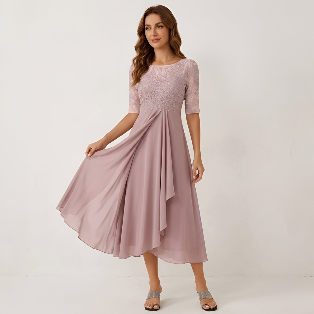 Women's Embroidered 3/4 Sleeve Midi Dress - Formal Wear