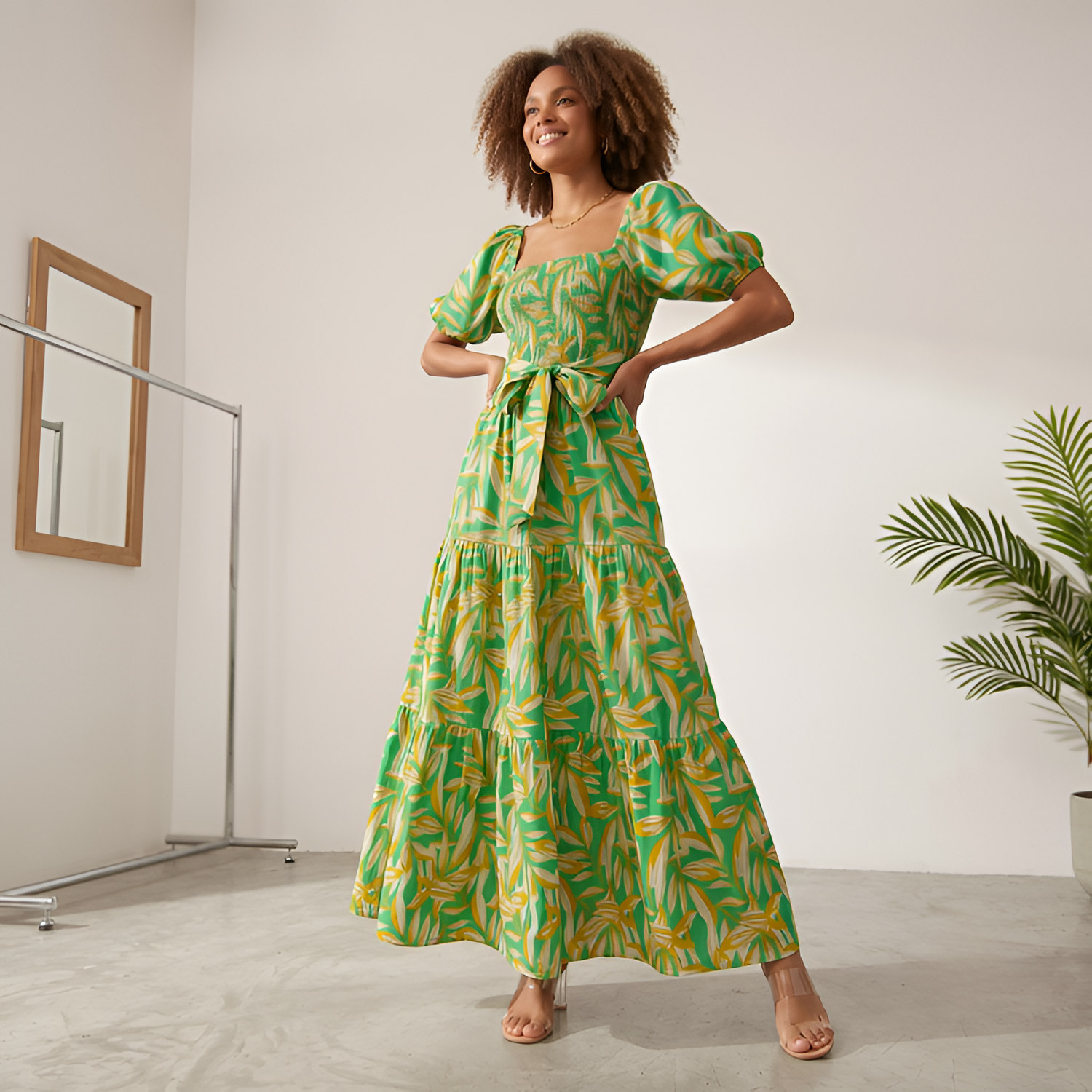 Women's Leaf Print Off-the-Shoulder Maxi Dress - Casual Daytime Outings