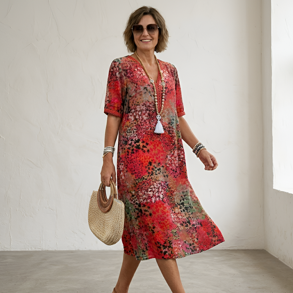 Women's Abstract V-Neck Short Sleeve Midi Dress - Casual Summer Wear