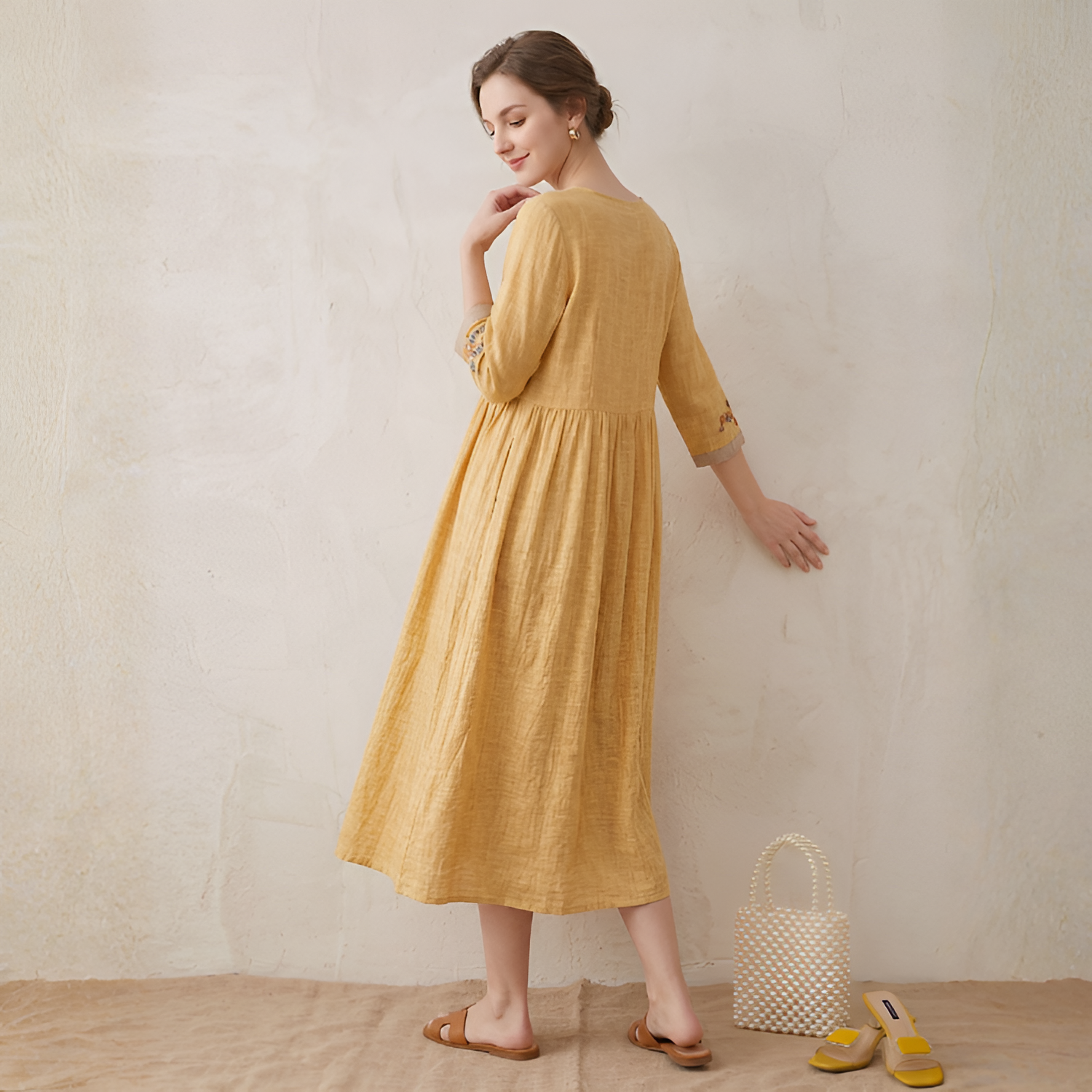 Women's Embroidered 3/4 Sleeve Midi Dress - Casual