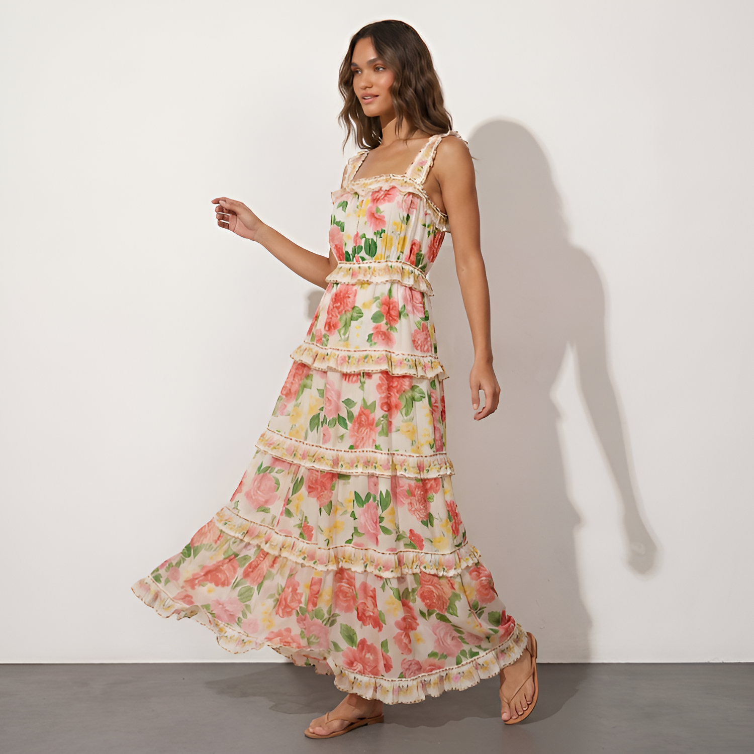 Women's Floral Ruffle Strap Tiered Maxi Dress - Summer Casual