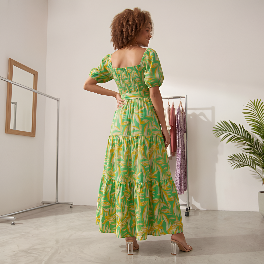 Women's Leaf Print Off-the-Shoulder Maxi Dress - Casual Daytime Outings