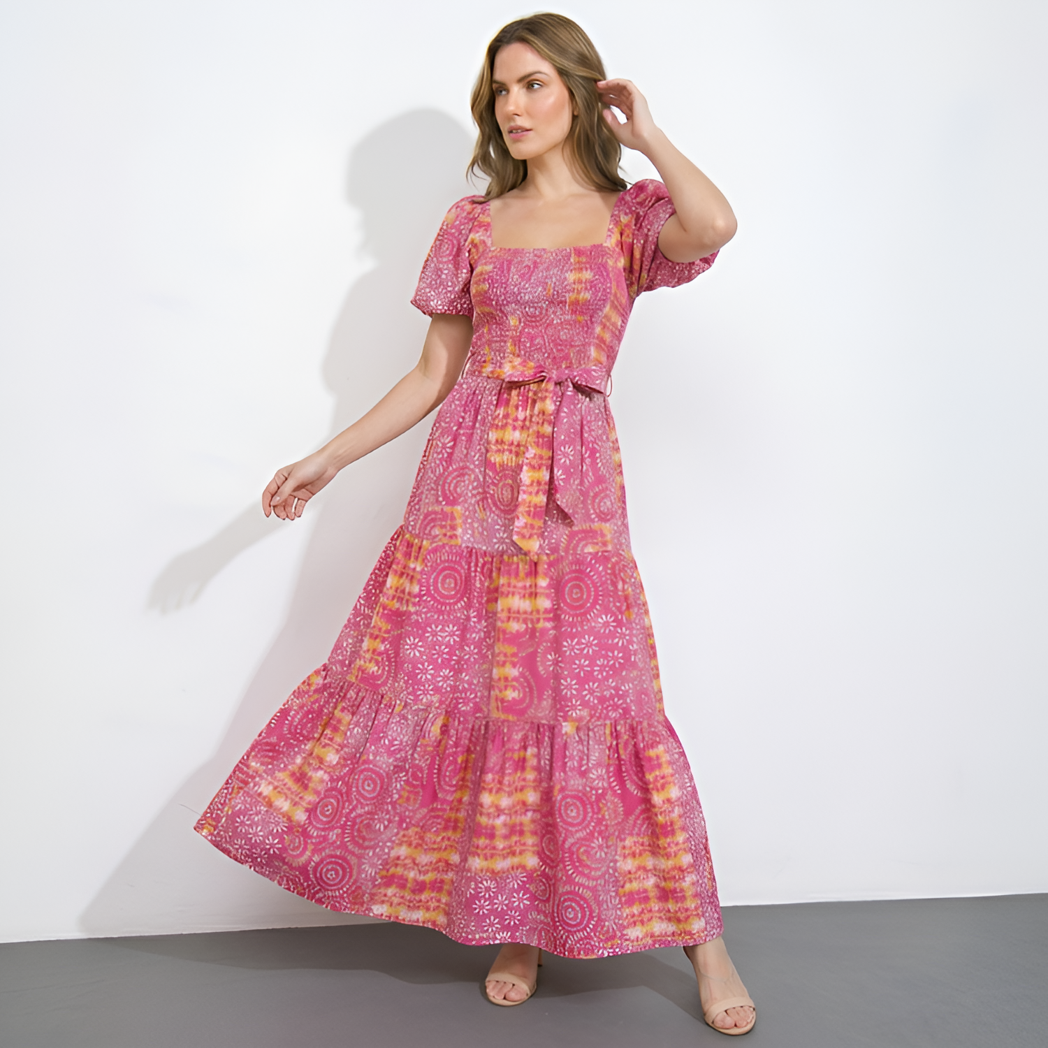 Women's Square Neck Flutter Sleeve Floral Maxi Dress - Casual Wear