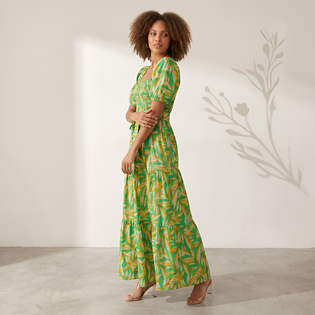 Women's Leaf Print Off-the-Shoulder Maxi Dress - Casual Daytime Outings