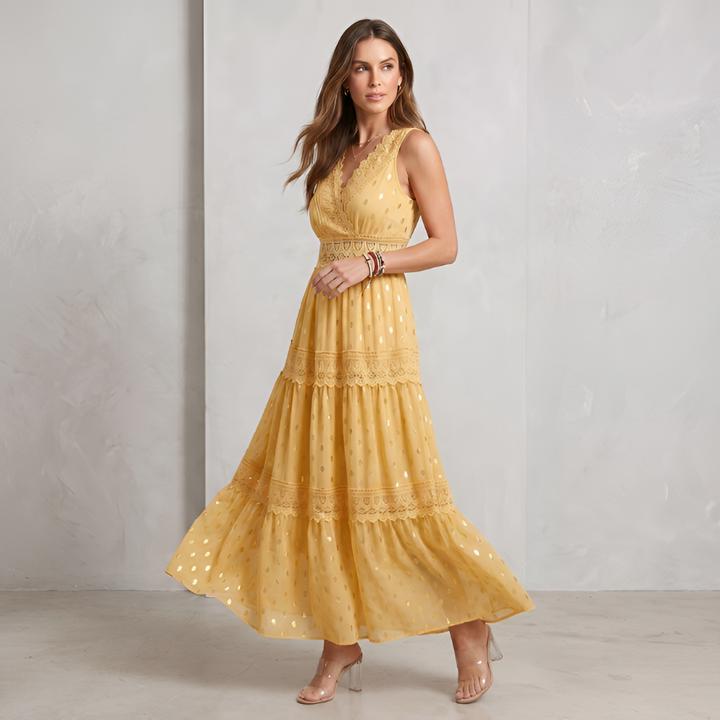 Women's V-Neck Swiss Dot Maxi Dress - Beach Vacation