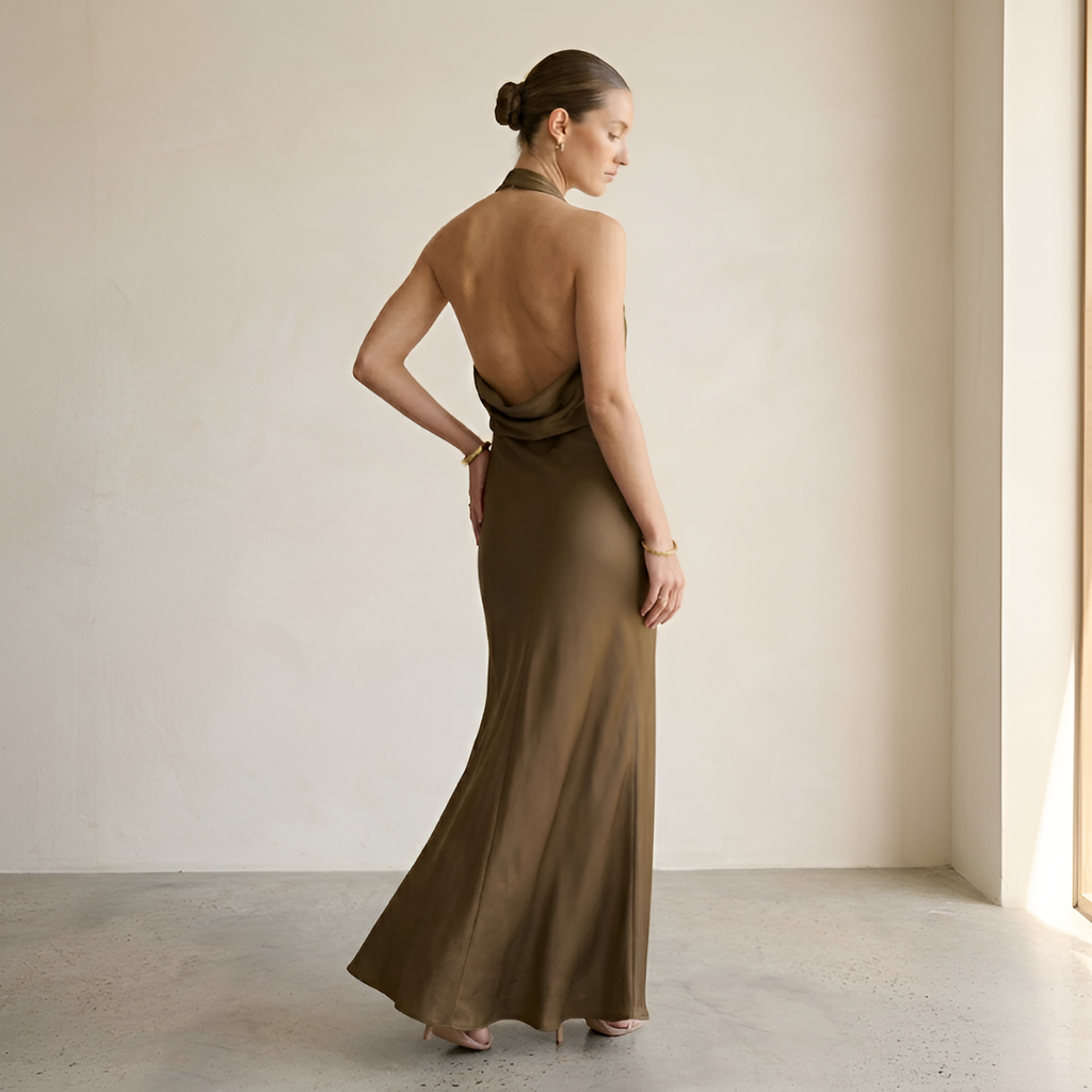 Women's Cowl Neck Backless Halter Maxi Dress - Formal Wear