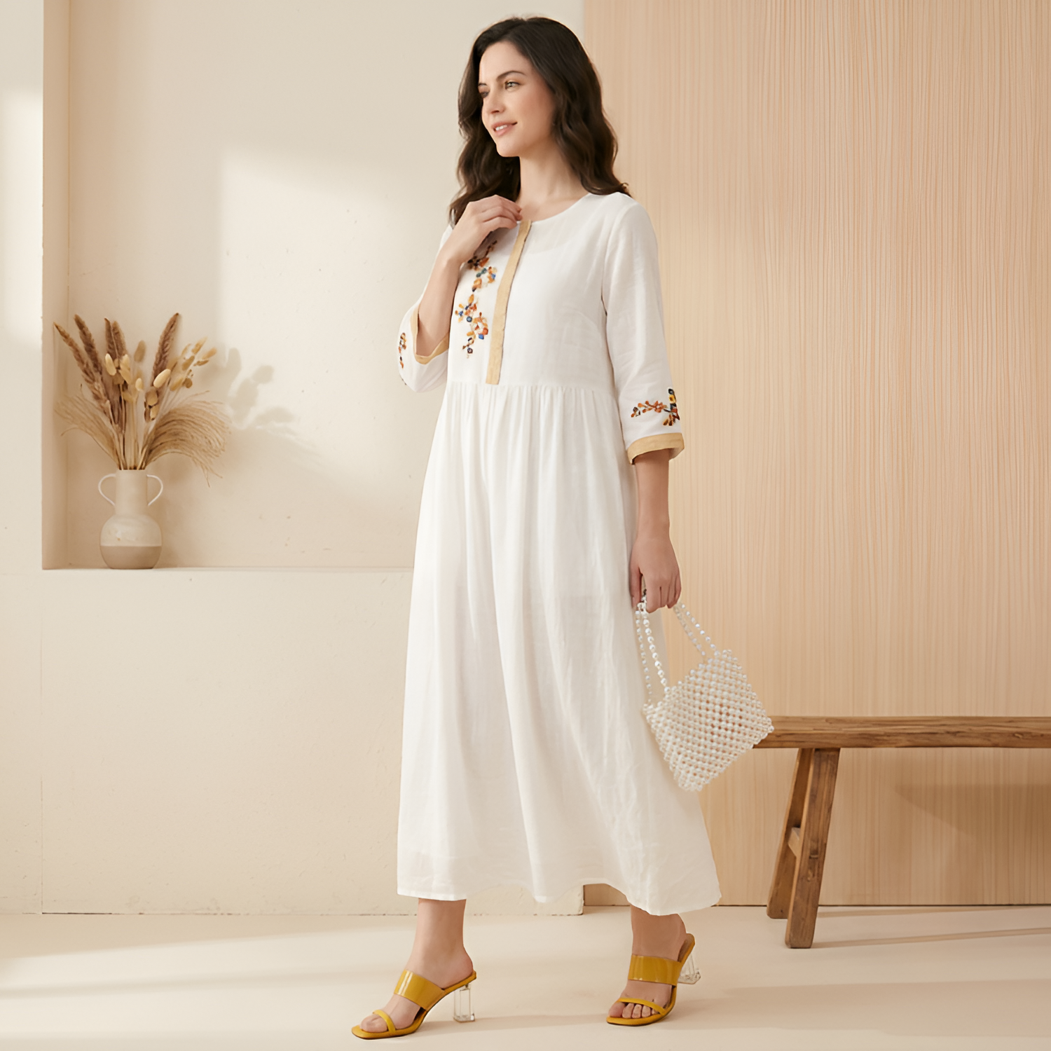 Women's Embroidered 3/4 Sleeve Midi Dress - Casual
