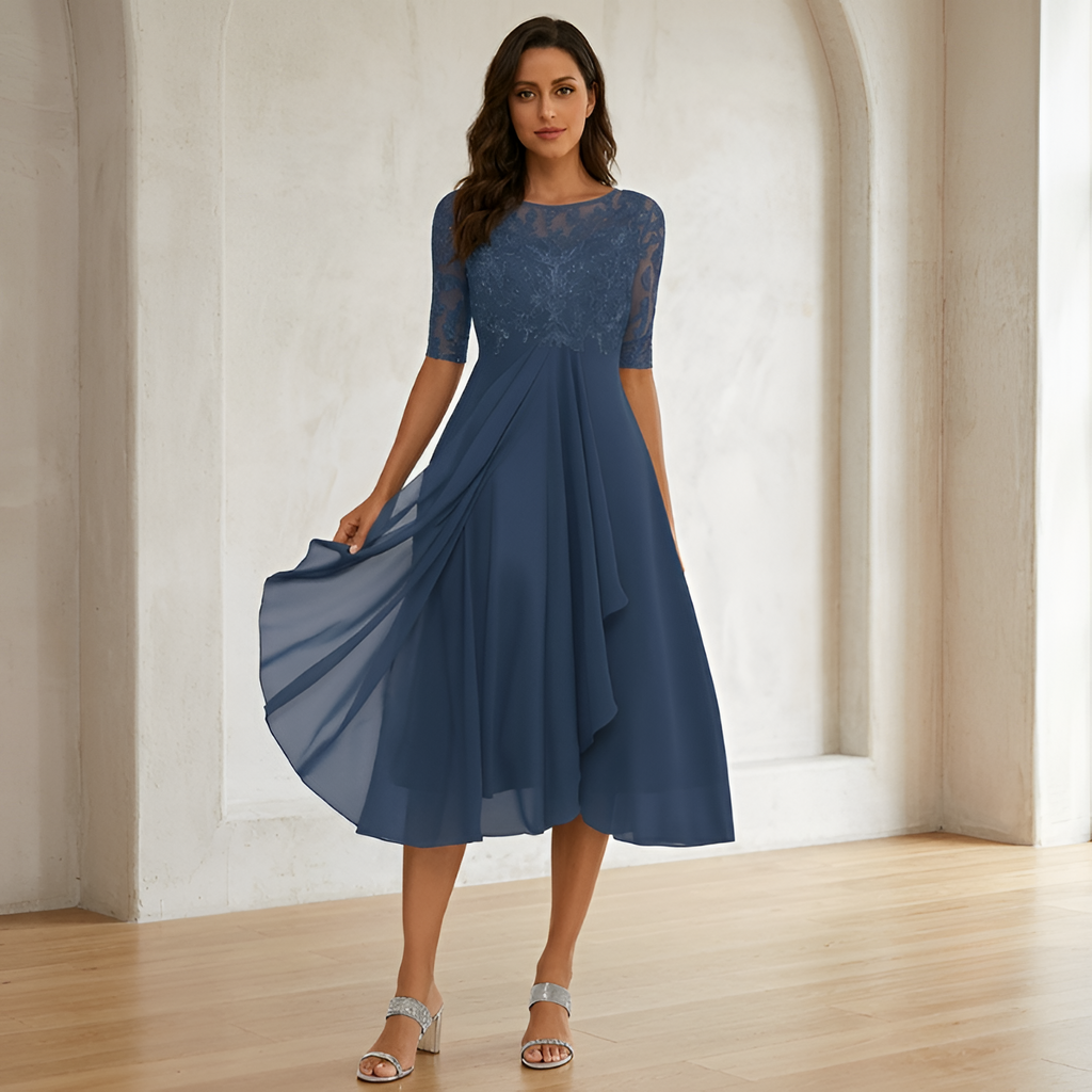 Women's Embroidered 3/4 Sleeve Midi Dress - Formal Wear