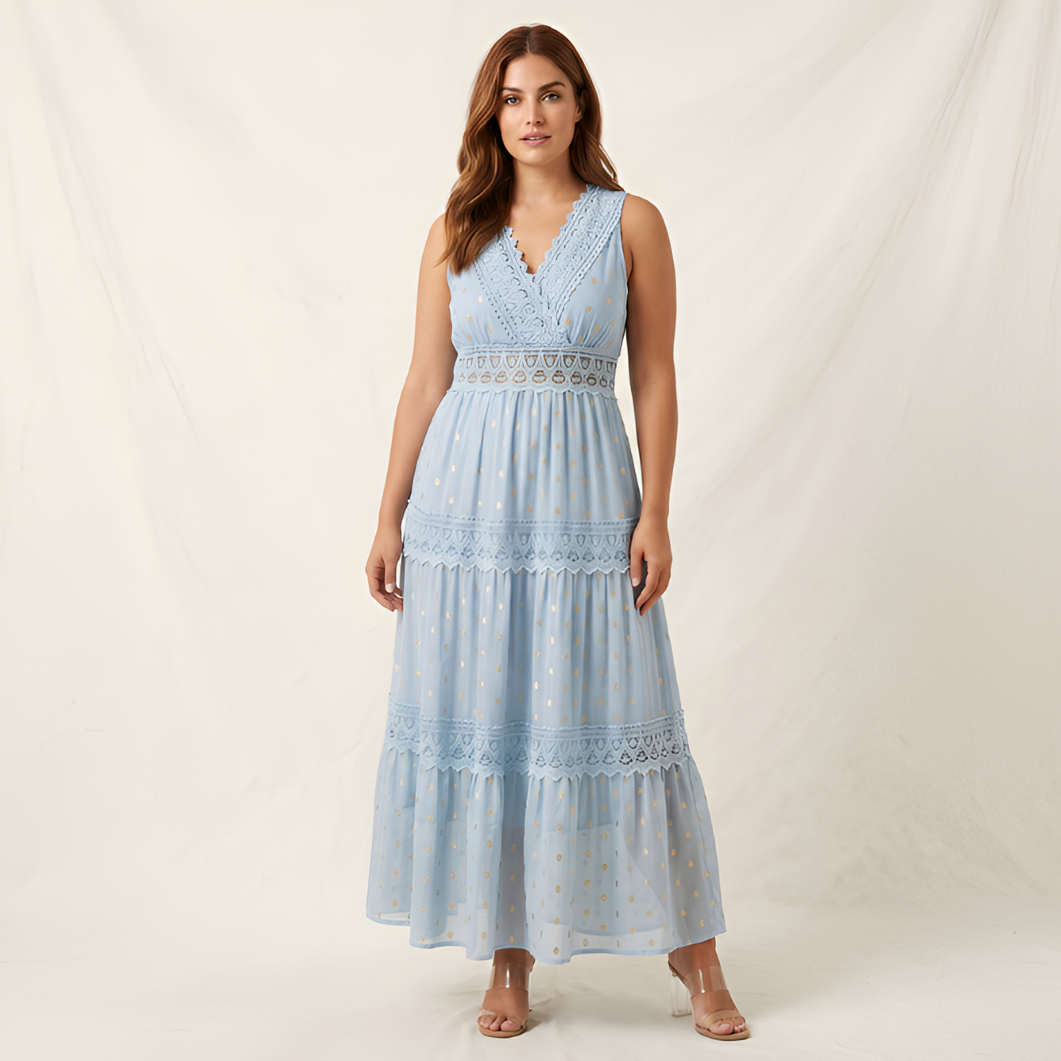 Women's V-Neck Swiss Dot Maxi Dress - Beach Vacation
