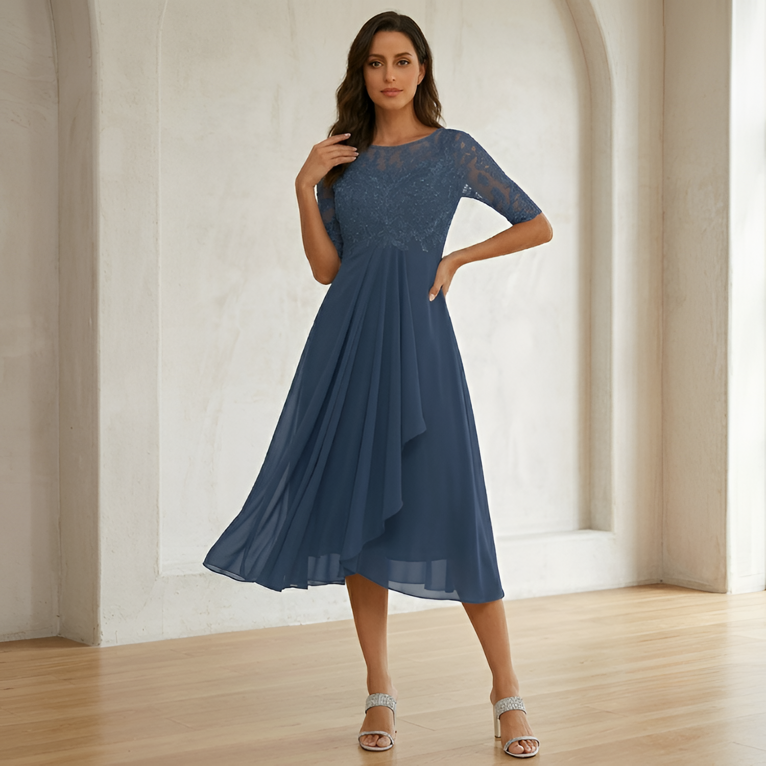 Women's Embroidered 3/4 Sleeve Midi Dress - Formal Wear