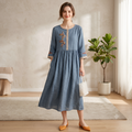 Women's Embroidered 3/4 Sleeve Midi Dress - Casual