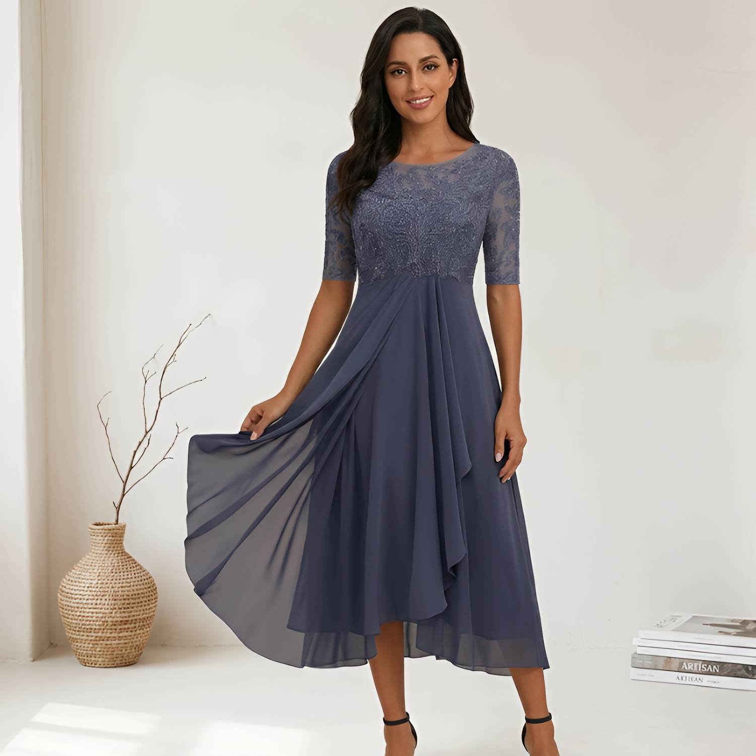 Women's Embroidered 3/4 Sleeve Midi Dress - Formal Wear