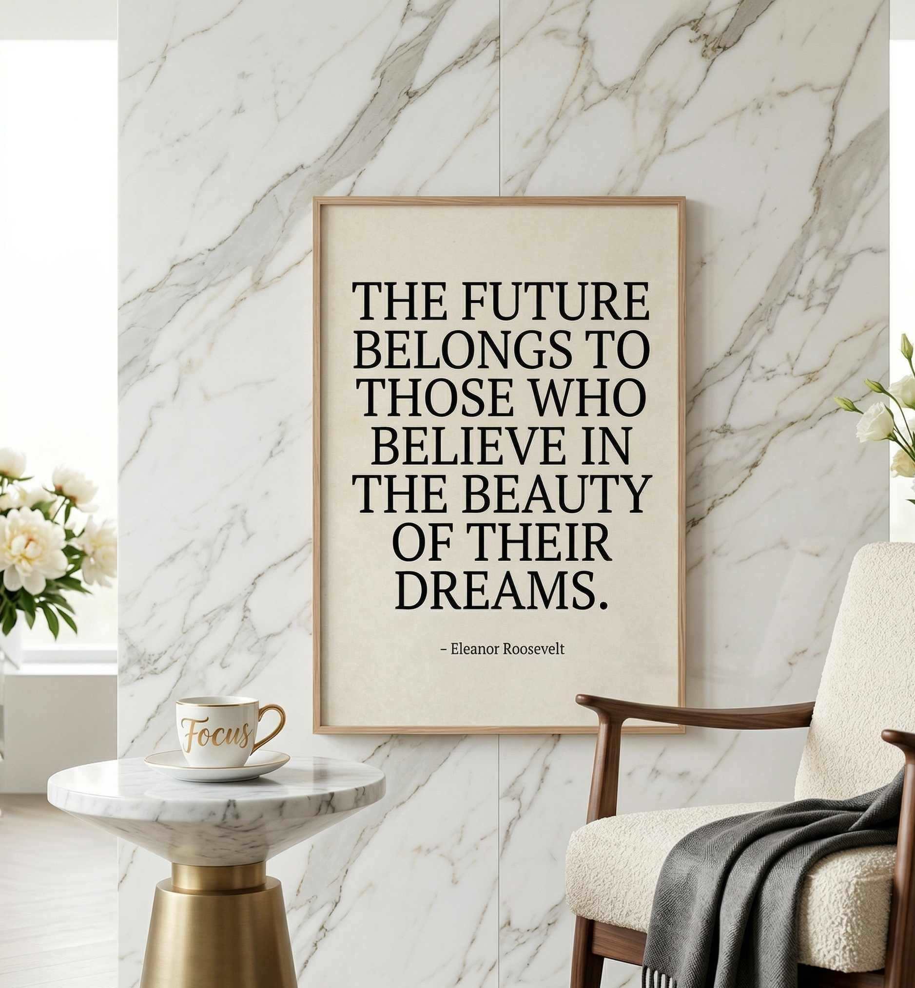 Natural Wood Frame Quote Print - THE FUTURE BELONGS TO THOSE WHO BELIEVE